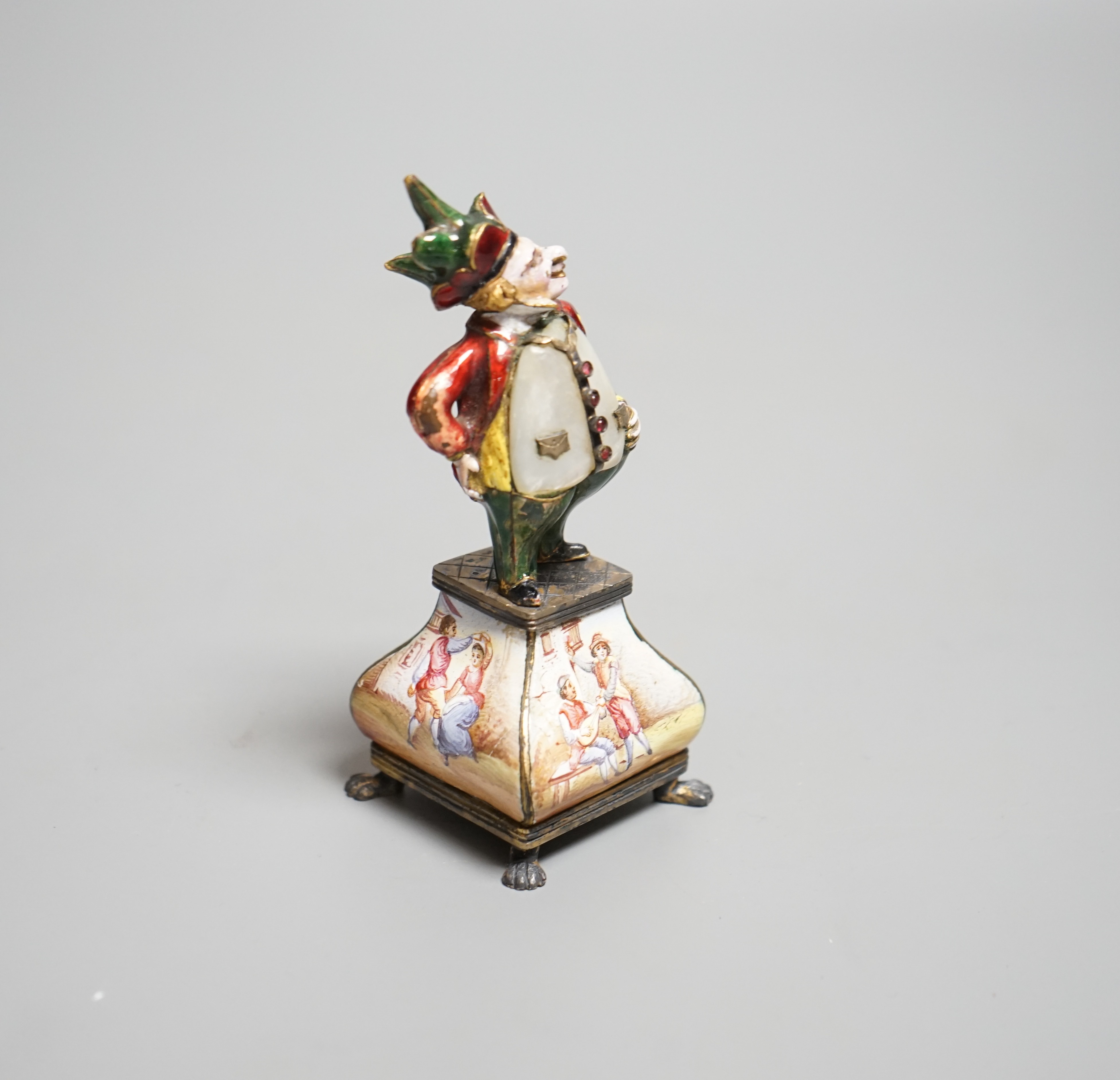 A 19th century Viennese silver and polychrome enamel figure of a jester, height 10cm